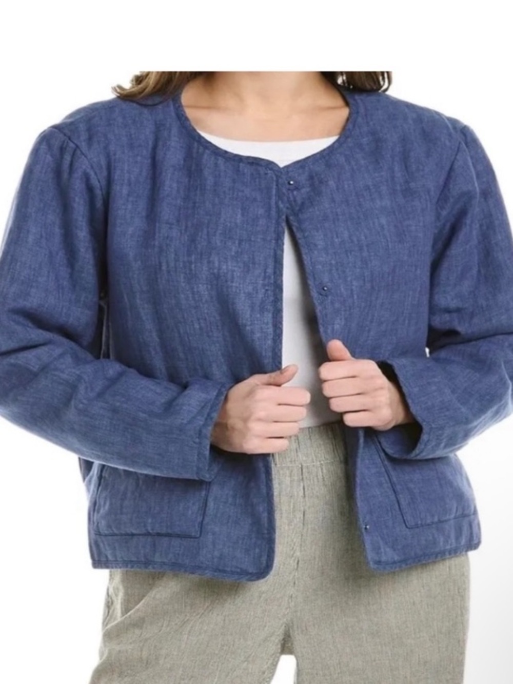 EILEEN FISHER BLUEBERRY ORGANIC LINEN PADDED COLLARLESS JACKET SZ LARGE